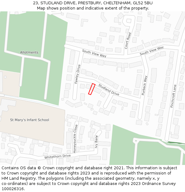 23, STUDLAND DRIVE, PRESTBURY, CHELTENHAM, GL52 5BU: Location map and indicative extent of plot