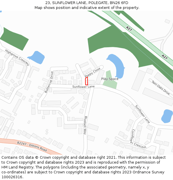 23, SUNFLOWER LANE, POLEGATE, BN26 6FD: Location map and indicative extent of plot