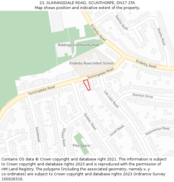 23, SUNNINGDALE ROAD, SCUNTHORPE, DN17 2TA: Location map and indicative extent of plot