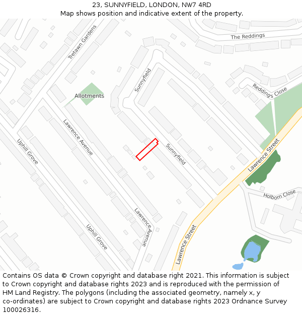 23, SUNNYFIELD, LONDON, NW7 4RD: Location map and indicative extent of plot