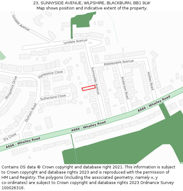 23, SUNNYSIDE AVENUE, WILPSHIRE, BLACKBURN, BB1 9LW: Location map and indicative extent of plot