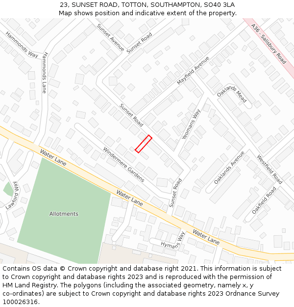 23, SUNSET ROAD, TOTTON, SOUTHAMPTON, SO40 3LA: Location map and indicative extent of plot