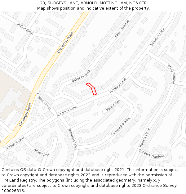 23, SURGEYS LANE, ARNOLD, NOTTINGHAM, NG5 8EP: Location map and indicative extent of plot