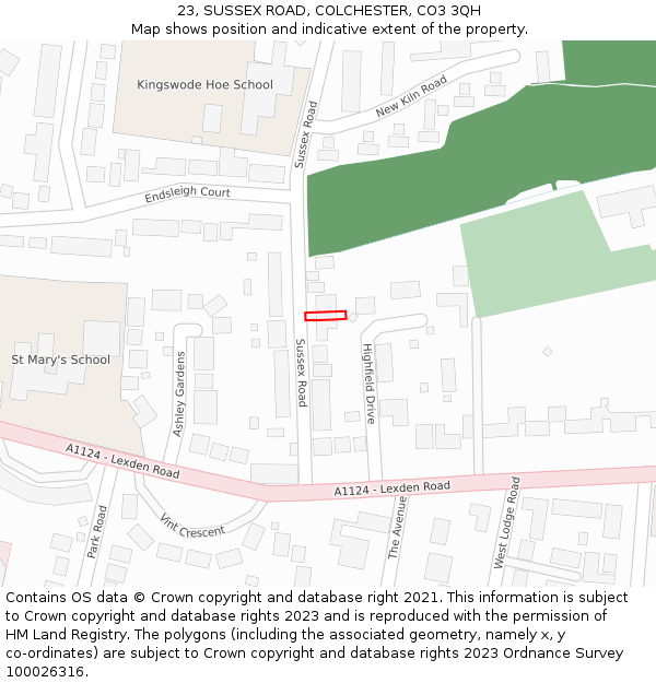 23, SUSSEX ROAD, COLCHESTER, CO3 3QH: Location map and indicative extent of plot