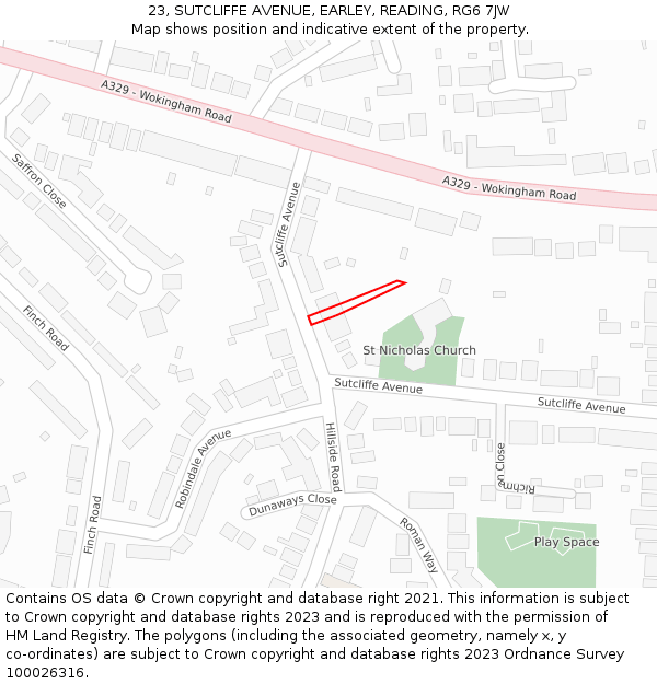 23, SUTCLIFFE AVENUE, EARLEY, READING, RG6 7JW: Location map and indicative extent of plot