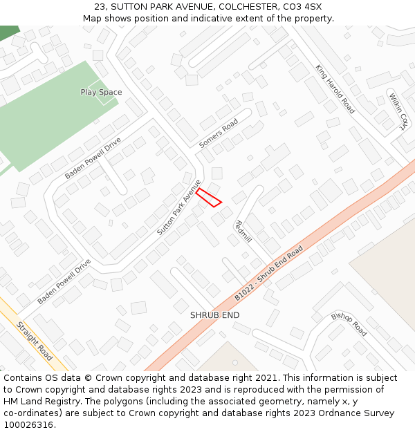 23, SUTTON PARK AVENUE, COLCHESTER, CO3 4SX: Location map and indicative extent of plot