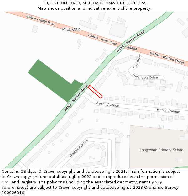 23, SUTTON ROAD, MILE OAK, TAMWORTH, B78 3PA: Location map and indicative extent of plot