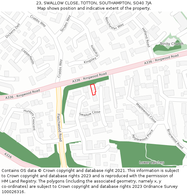 23, SWALLOW CLOSE, TOTTON, SOUTHAMPTON, SO40 7JA: Location map and indicative extent of plot