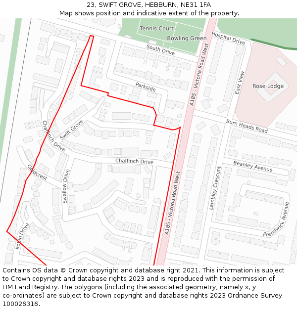 23, SWIFT GROVE, HEBBURN, NE31 1FA: Location map and indicative extent of plot