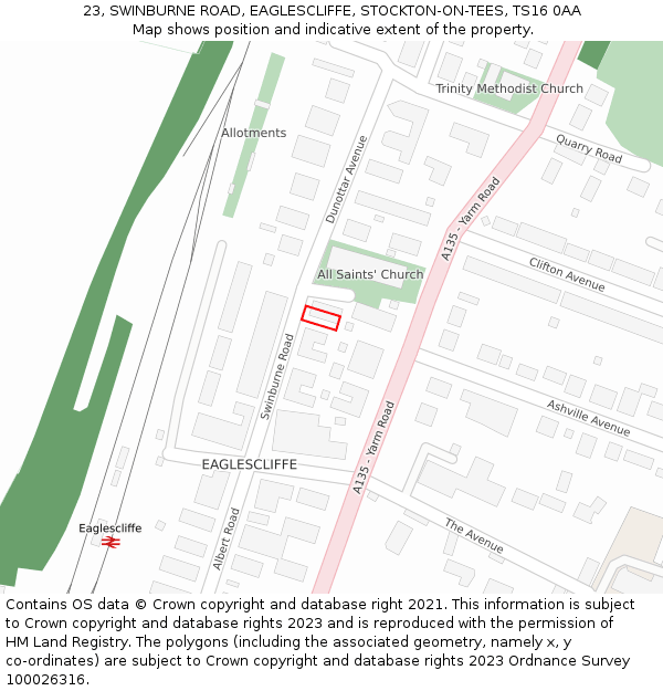 23, SWINBURNE ROAD, EAGLESCLIFFE, STOCKTON-ON-TEES, TS16 0AA: Location map and indicative extent of plot