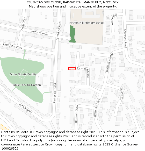 23, SYCAMORE CLOSE, RAINWORTH, MANSFIELD, NG21 0FX: Location map and indicative extent of plot
