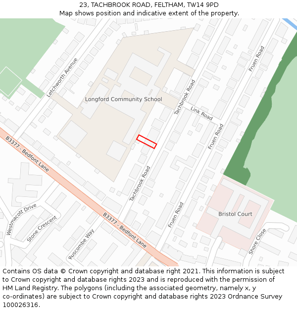 23, TACHBROOK ROAD, FELTHAM, TW14 9PD: Location map and indicative extent of plot