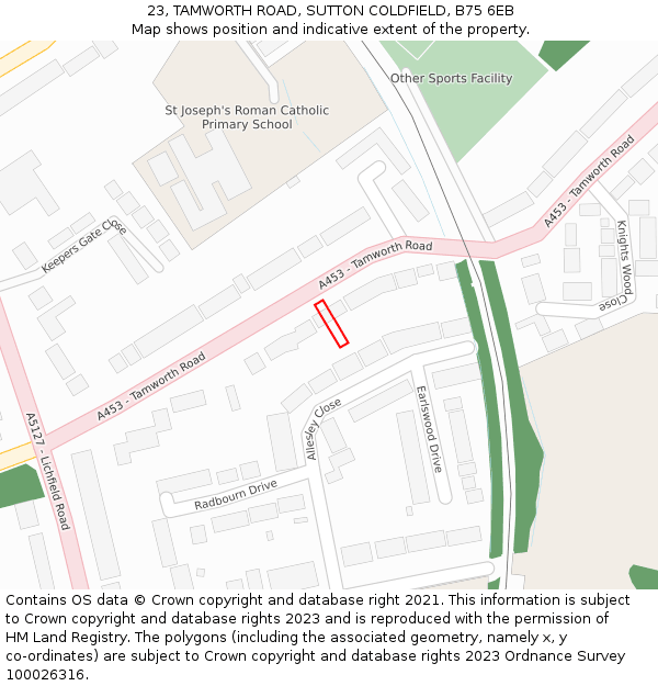 23, TAMWORTH ROAD, SUTTON COLDFIELD, B75 6EB: Location map and indicative extent of plot