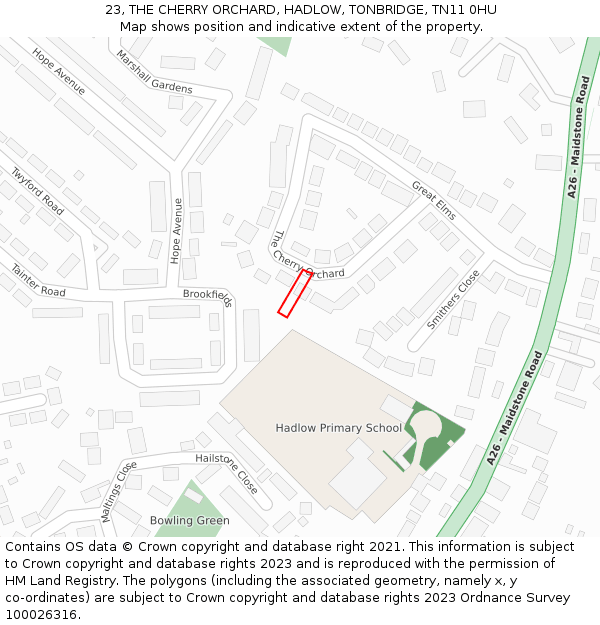 23, THE CHERRY ORCHARD, HADLOW, TONBRIDGE, TN11 0HU: Location map and indicative extent of plot