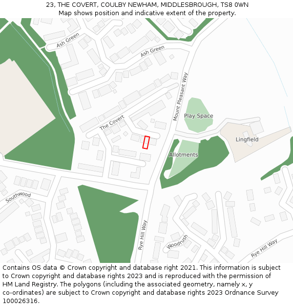 23, THE COVERT, COULBY NEWHAM, MIDDLESBROUGH, TS8 0WN: Location map and indicative extent of plot