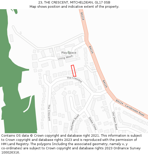 23, THE CRESCENT, MITCHELDEAN, GL17 0SB: Location map and indicative extent of plot