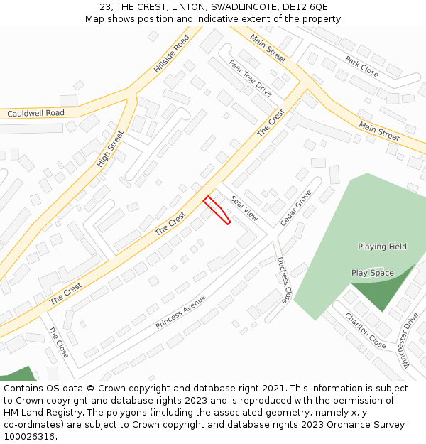 23, THE CREST, LINTON, SWADLINCOTE, DE12 6QE: Location map and indicative extent of plot