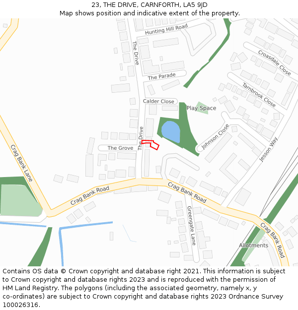 23, THE DRIVE, CARNFORTH, LA5 9JD: Location map and indicative extent of plot