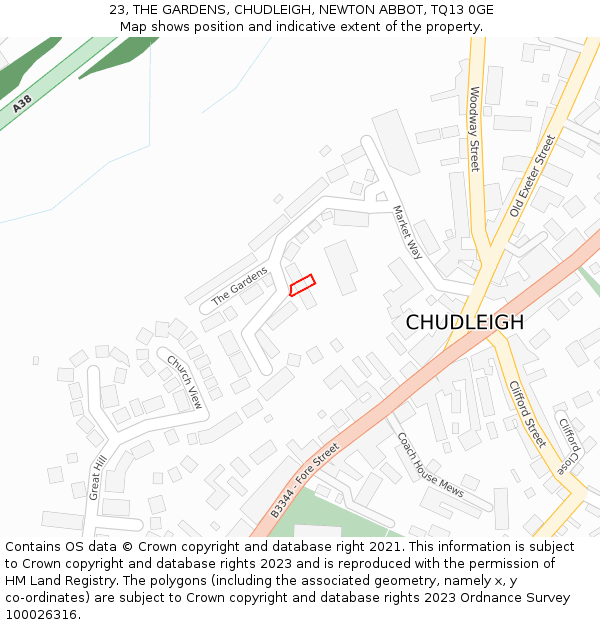23, THE GARDENS, CHUDLEIGH, NEWTON ABBOT, TQ13 0GE: Location map and indicative extent of plot