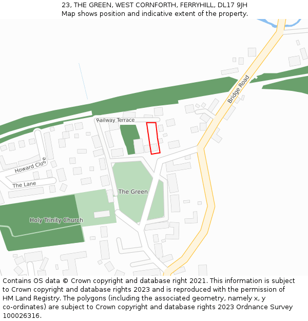 23, THE GREEN, WEST CORNFORTH, FERRYHILL, DL17 9JH: Location map and indicative extent of plot