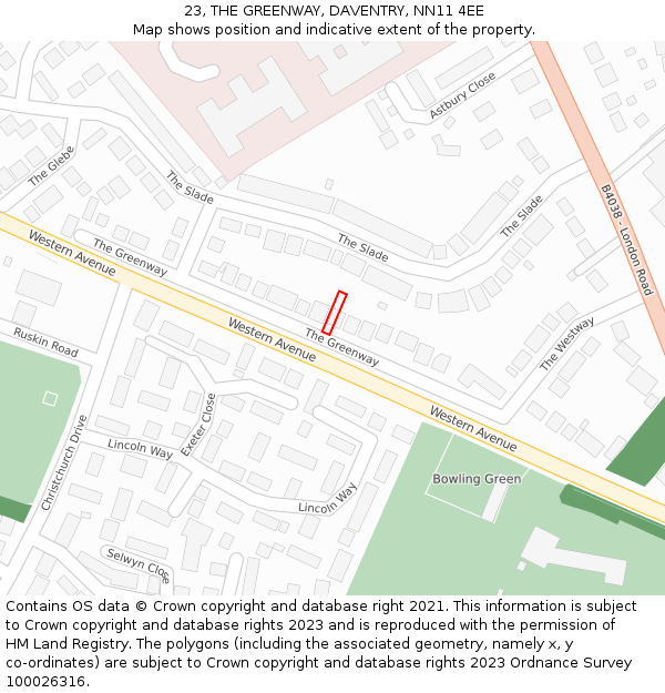 23, THE GREENWAY, DAVENTRY, NN11 4EE: Location map and indicative extent of plot