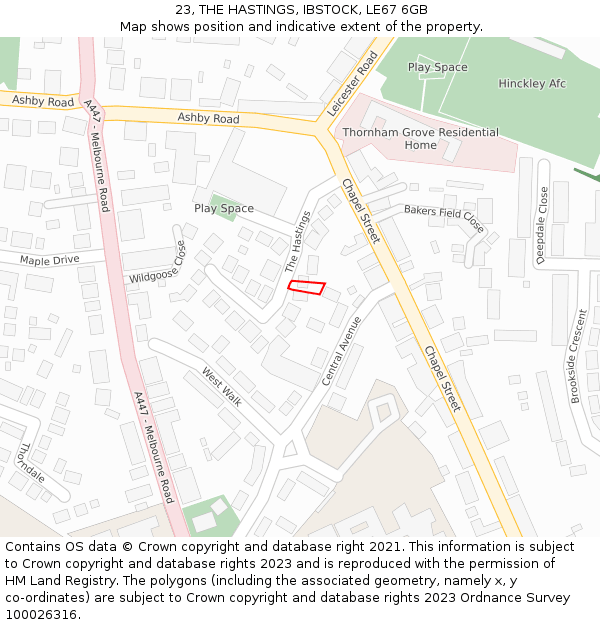 23, THE HASTINGS, IBSTOCK, LE67 6GB: Location map and indicative extent of plot