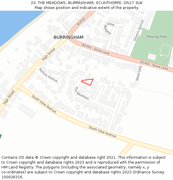 23, THE MEADOWS, BURRINGHAM, SCUNTHORPE, DN17 3LW: Location map and indicative extent of plot