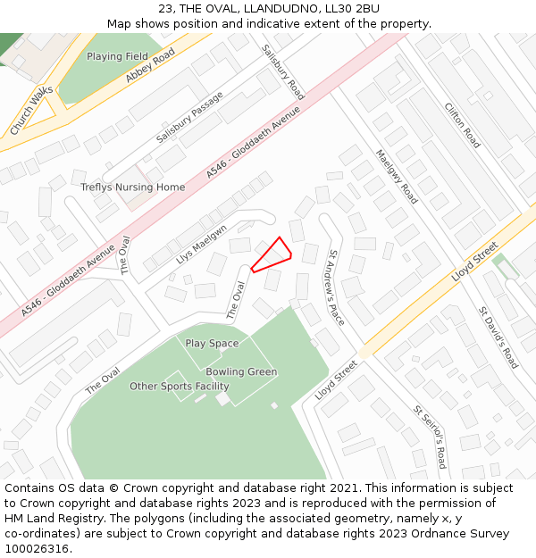 23, THE OVAL, LLANDUDNO, LL30 2BU: Location map and indicative extent of plot