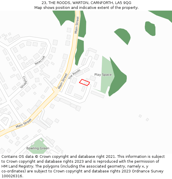 23, THE ROODS, WARTON, CARNFORTH, LA5 9QG: Location map and indicative extent of plot