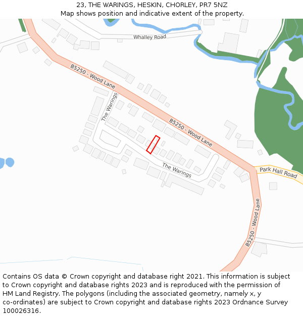 23, THE WARINGS, HESKIN, CHORLEY, PR7 5NZ: Location map and indicative extent of plot