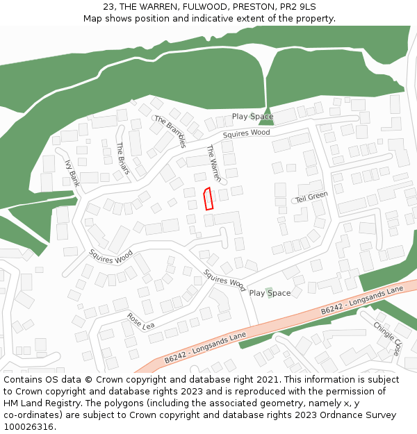 23, THE WARREN, FULWOOD, PRESTON, PR2 9LS: Location map and indicative extent of plot