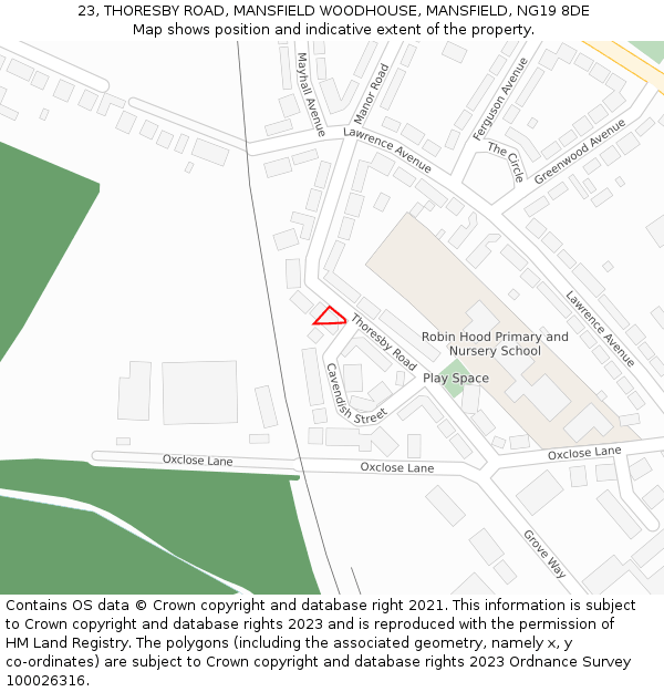 23, THORESBY ROAD, MANSFIELD WOODHOUSE, MANSFIELD, NG19 8DE: Location map and indicative extent of plot