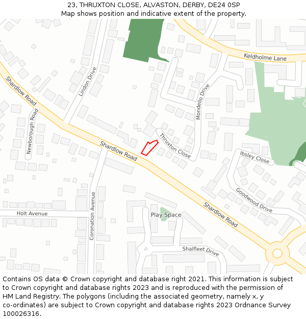 23, THRUXTON CLOSE, ALVASTON, DERBY, DE24 0SP: Location map and indicative extent of plot
