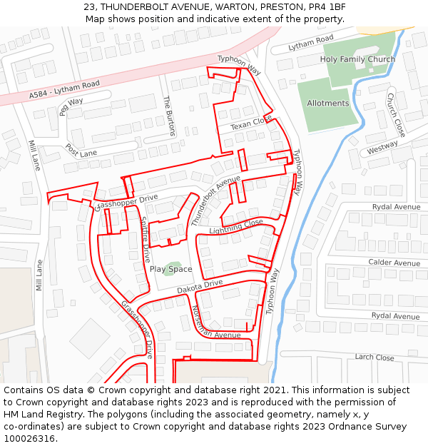 23, THUNDERBOLT AVENUE, WARTON, PRESTON, PR4 1BF: Location map and indicative extent of plot