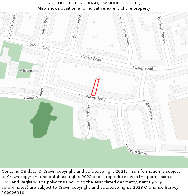 23, THURLESTONE ROAD, SWINDON, SN3 1EQ: Location map and indicative extent of plot