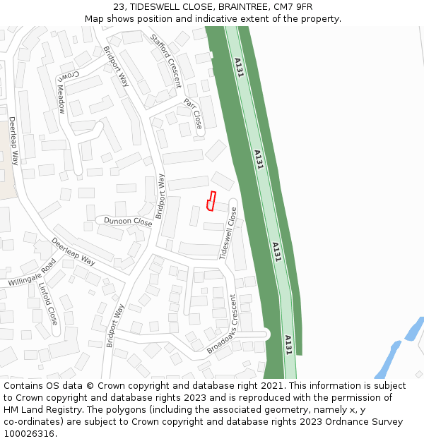 23, TIDESWELL CLOSE, BRAINTREE, CM7 9FR: Location map and indicative extent of plot