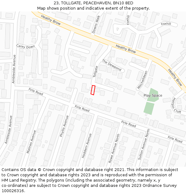 23, TOLLGATE, PEACEHAVEN, BN10 8ED: Location map and indicative extent of plot