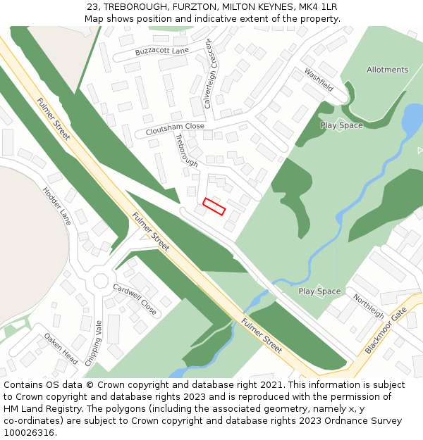 23, TREBOROUGH, FURZTON, MILTON KEYNES, MK4 1LR: Location map and indicative extent of plot