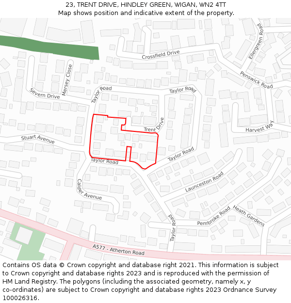 23, TRENT DRIVE, HINDLEY GREEN, WIGAN, WN2 4TT: Location map and indicative extent of plot