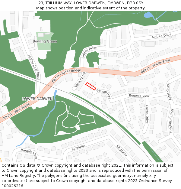 23, TRILLIUM WAY, LOWER DARWEN, DARWEN, BB3 0SY: Location map and indicative extent of plot