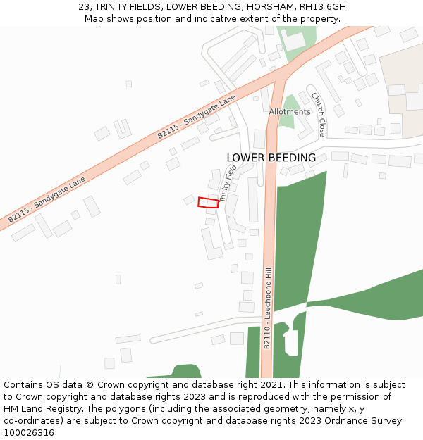 23, TRINITY FIELDS, LOWER BEEDING, HORSHAM, RH13 6GH: Location map and indicative extent of plot