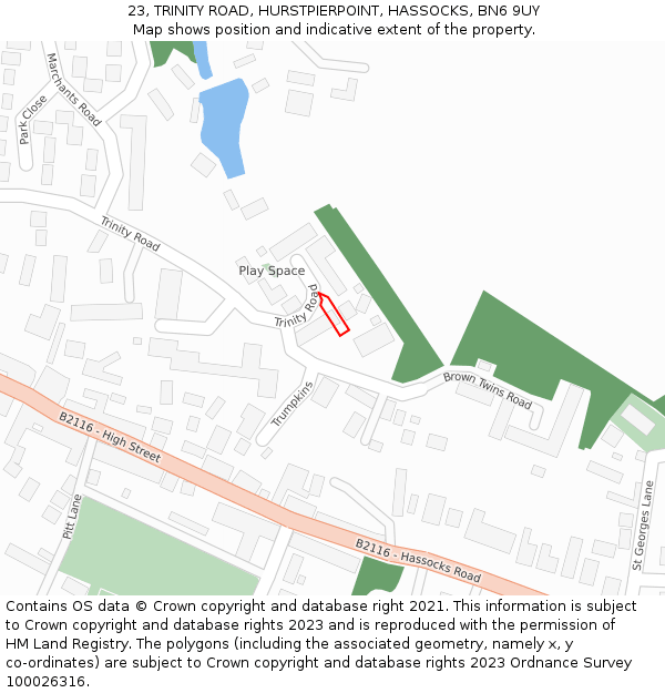 23, TRINITY ROAD, HURSTPIERPOINT, HASSOCKS, BN6 9UY: Location map and indicative extent of plot