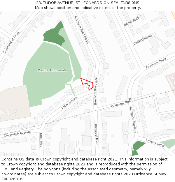 23, TUDOR AVENUE, ST LEONARDS-ON-SEA, TN38 0NS: Location map and indicative extent of plot