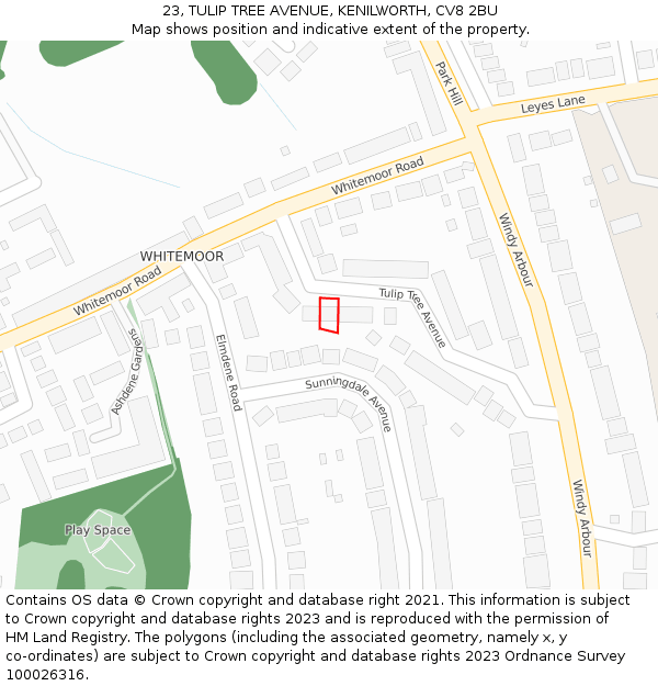 23, TULIP TREE AVENUE, KENILWORTH, CV8 2BU: Location map and indicative extent of plot