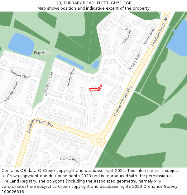 23, TURBARY ROAD, FLEET, GU51 1GR: Location map and indicative extent of plot