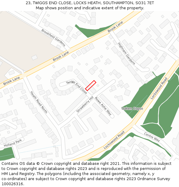 23, TWIGGS END CLOSE, LOCKS HEATH, SOUTHAMPTON, SO31 7ET: Location map and indicative extent of plot