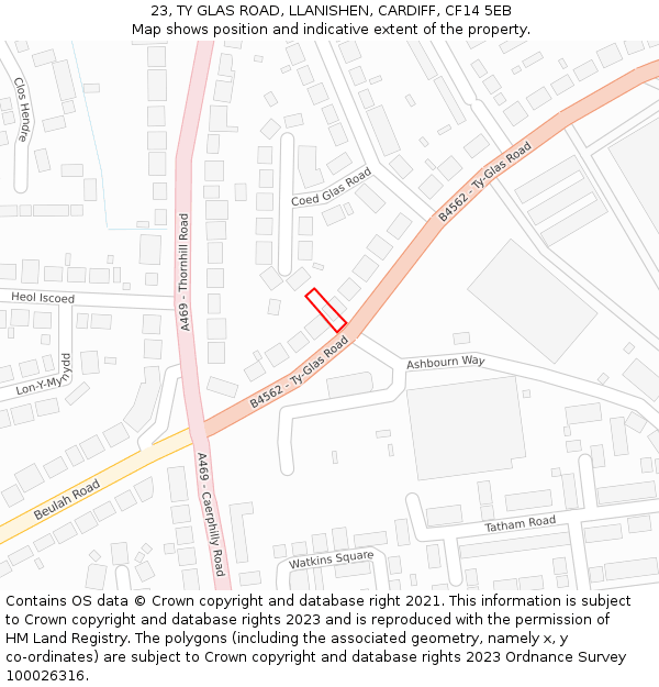 23, TY GLAS ROAD, LLANISHEN, CARDIFF, CF14 5EB: Location map and indicative extent of plot