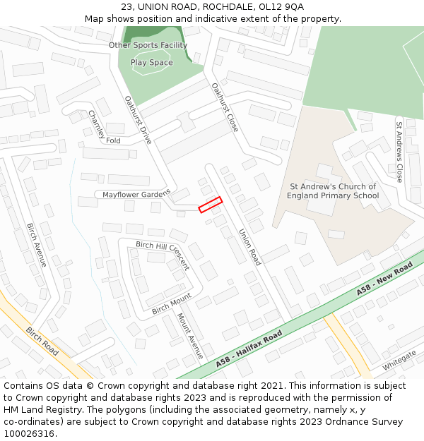 23, UNION ROAD, ROCHDALE, OL12 9QA: Location map and indicative extent of plot