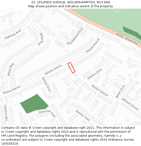 23, UPLANDS AVENUE, WOLVERHAMPTON, WV3 8AA: Location map and indicative extent of plot