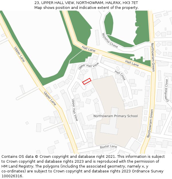 23, UPPER HALL VIEW, NORTHOWRAM, HALIFAX, HX3 7ET: Location map and indicative extent of plot